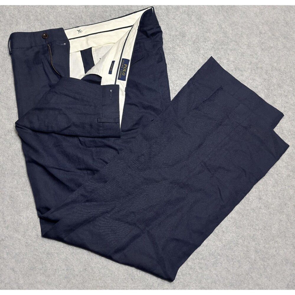 Polo Ralph Lauren Trousers 36x32 Navy Linen Silk Cotton Flat Front Old Money